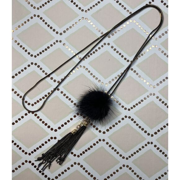 SHIRALEAH New Mink Fur Black Brass Fringe Boho Lulu Statement Necklace NWT - Picture 3 of 7